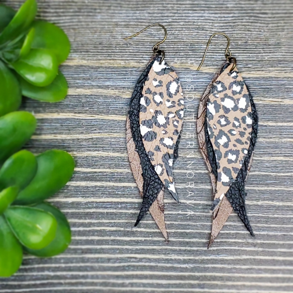 Leopard Fringed Feather Genuine Leather Earrings